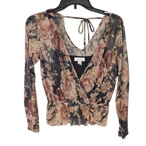 Brannan Womens Metallic Floral Wrap Top Open Back Tie Gold Mauve Small 105558F